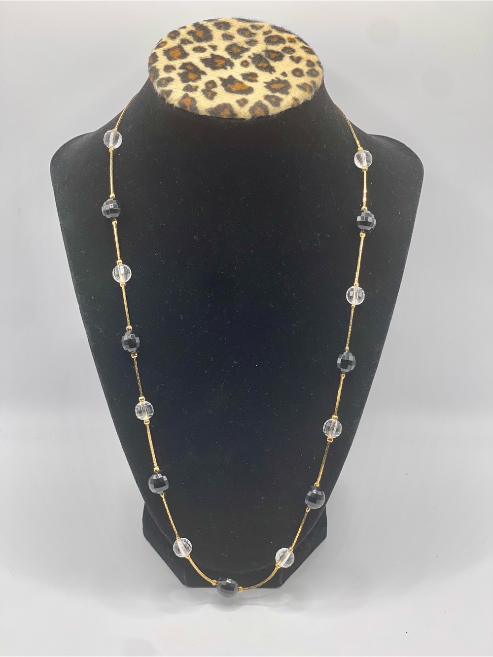 Trifari Gold Tone Necklace with Clear and Black Faceted Beads